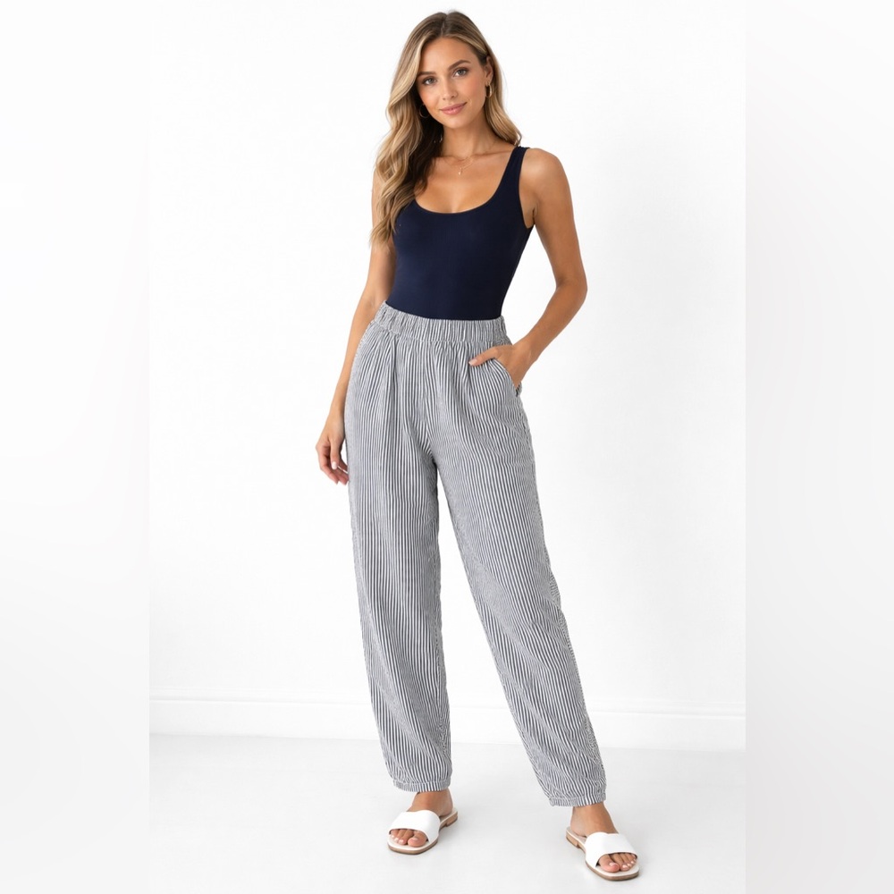 Anthropologie - Hei Hei Navy & White Pinstripe Elastic Waist Pants